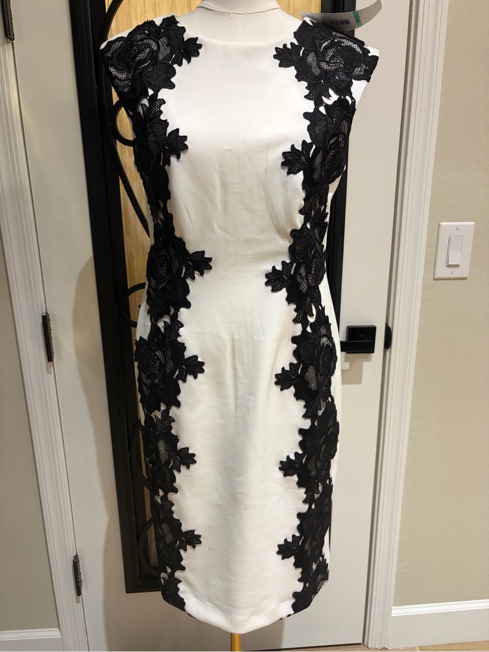 R&K White Sheath Dress with Black Lace Appliqué